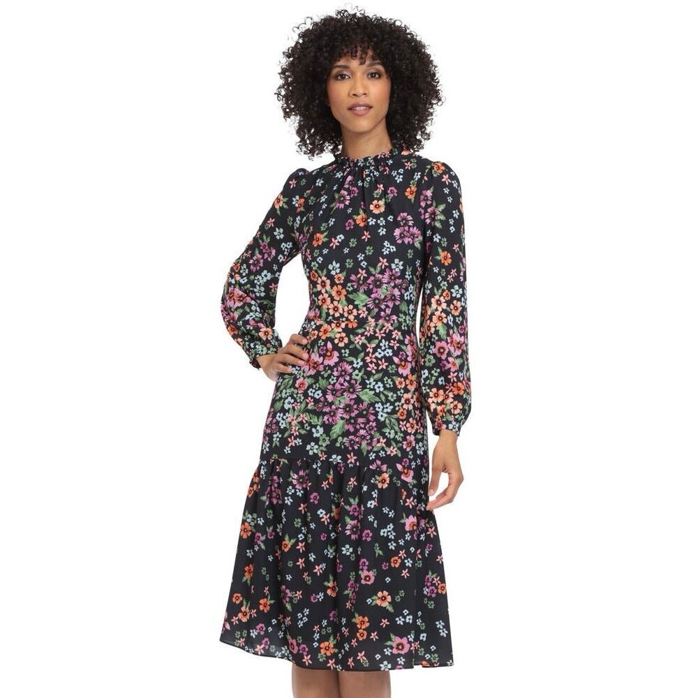 Maggy London Kiri Black Floral Midi Dress Long Sleeve A Line 12 - Picture 4 of 16
